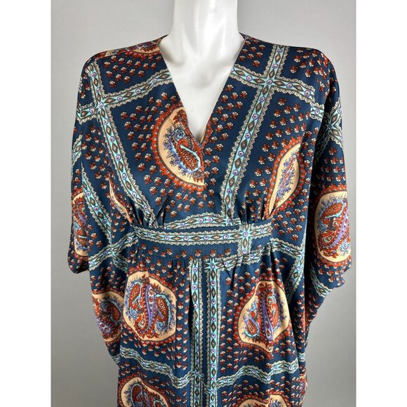 Vtg 70s Paisley Blue Floral Kaftan Muumuu Dress Womens One Size Fits Many - Picture 5 of 8